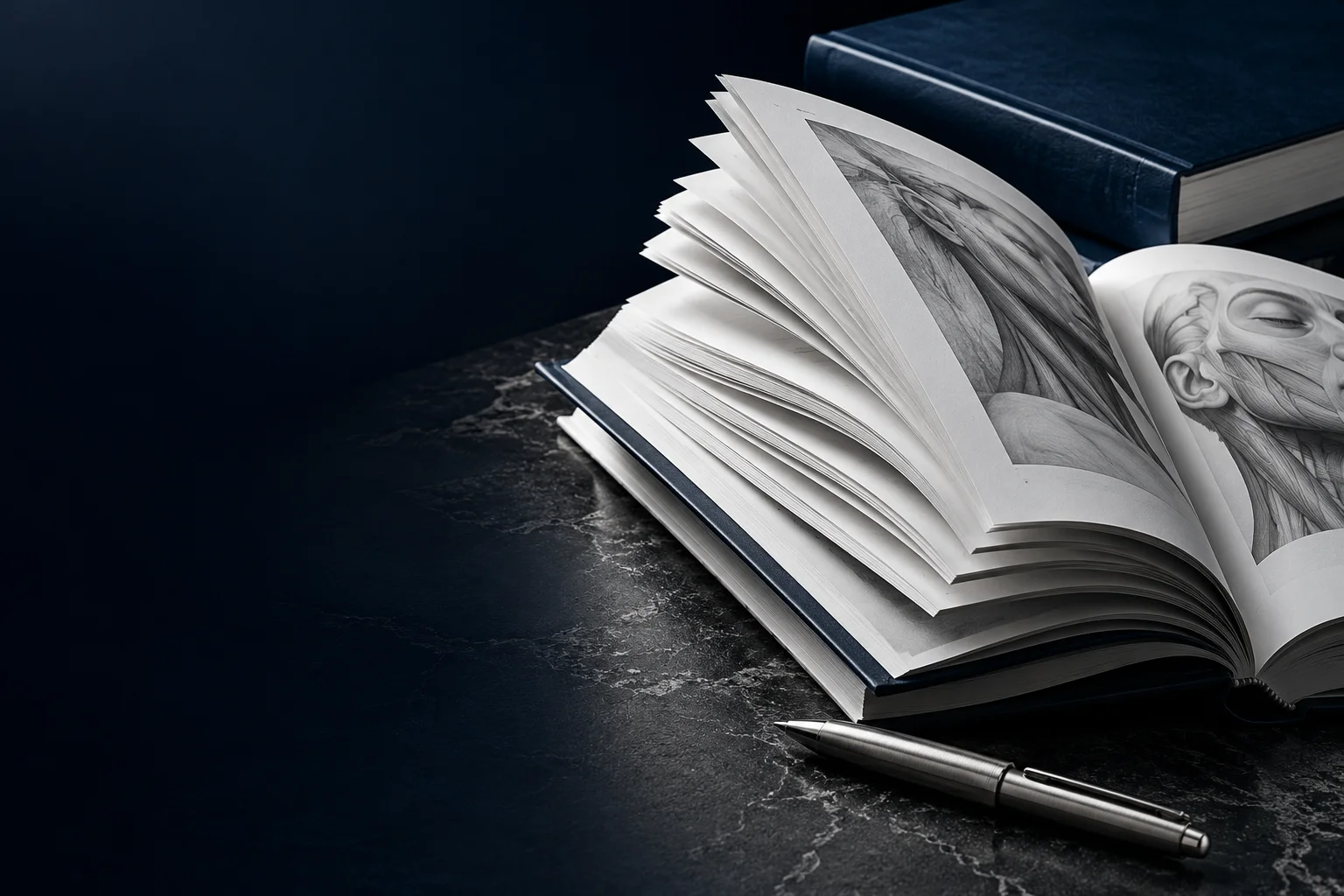 Editorial learning materials with open anatomy book, navy binder and steel pen